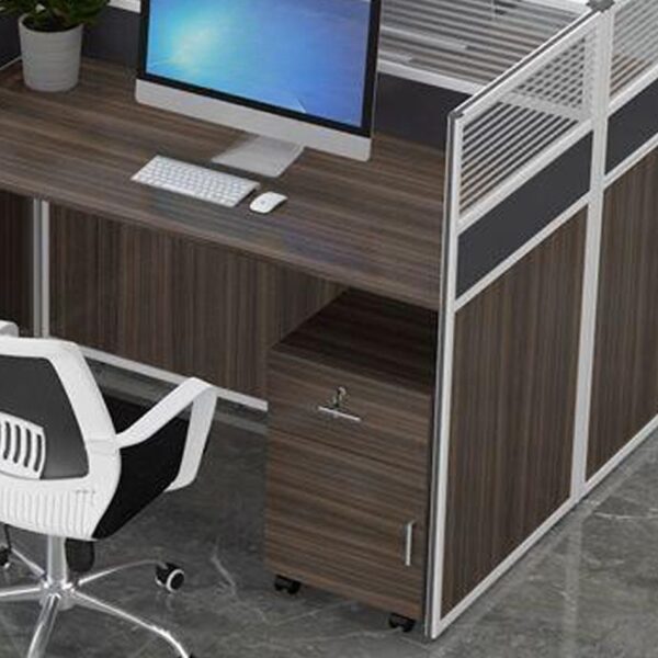 4-Way Rectangular Brown Office Workstation with ample surface space and integrated cable management, ideal for multi-user work environments.