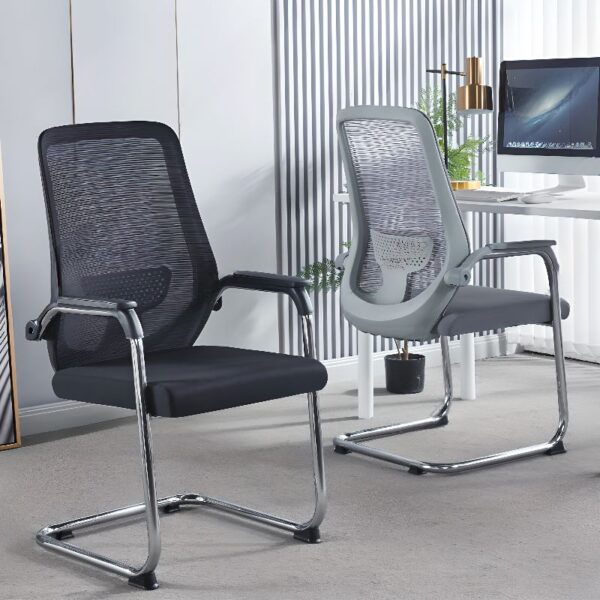 Midnight Black Mesh Guest Waiting Chair with breathable backrest and ergonomic design, ideal for office waiting areas.