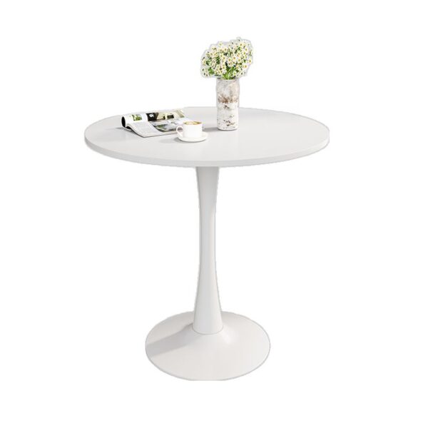 Round White Engineered Wood Dining Table with a smooth, sleek finish, ideal for modern dining rooms or kitchens.