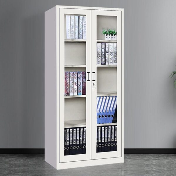 2-Glass Door Casual Steel Storage Cabinet with multiple shelves and transparent glass doors.