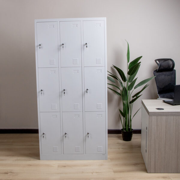 9-Door Locker Metallic Storage Office Cabinet with individual lockable compartments for secure storage in a professional setting.