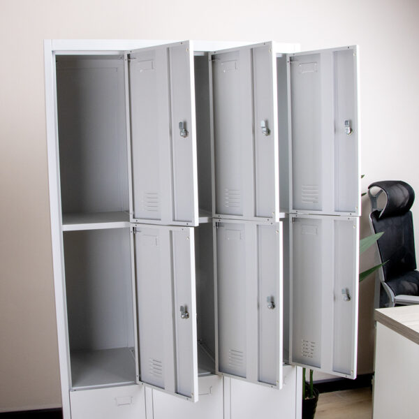 9-Door Locker Metallic Storage Office Cabinet with individual lockable compartments for secure storage in a professional setting.