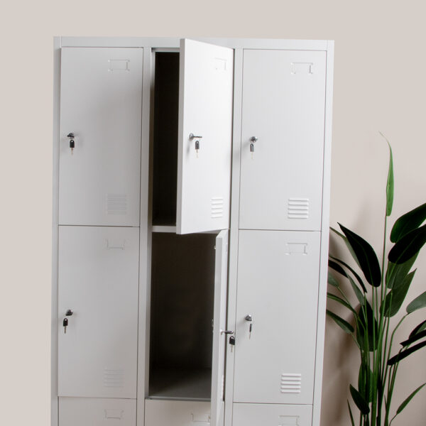 9-Door Locker Metallic Storage Office Cabinet with individual lockable compartments for secure storage in a professional setting.