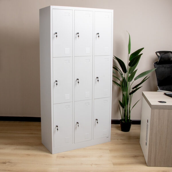 9-Door Locker Metallic Storage Office Cabinet with individual lockable compartments for secure storage in a professional setting.