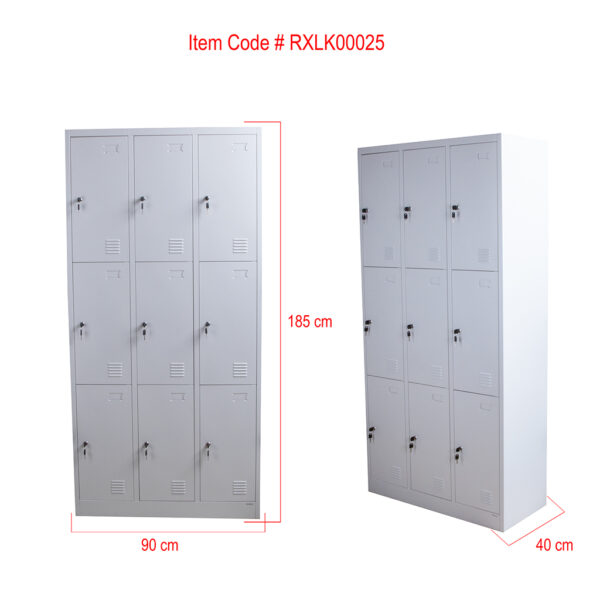 9-Door Locker Metallic Storage Office Cabinet with individual lockable compartments for secure storage in a professional setting.