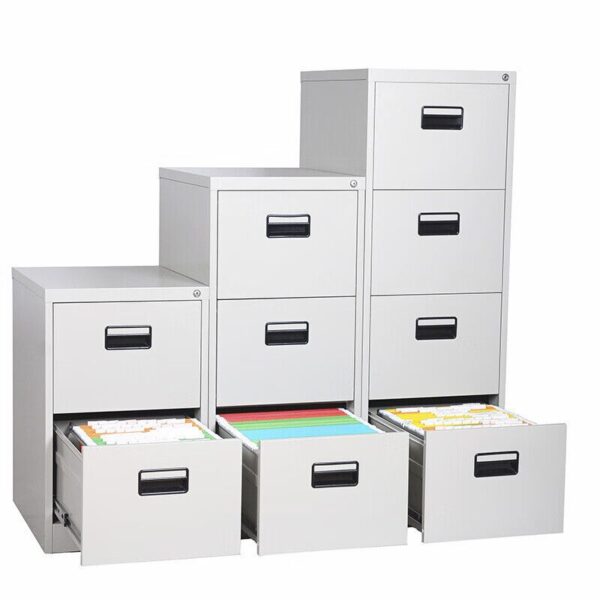 An Office Vertical 4-Drawer Steel Storage Cabinet, featuring a durable steel frame and spacious drawers, designed for efficient storage in professional workspaces.