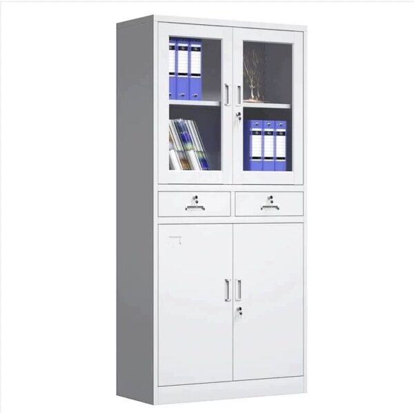 A 2-Door Modern Iron Storage Office Cabinet with adjustable shelves and a minimalist design, providing durable and stylish storage for office supplies.