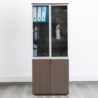 Brown 2-Door Glass Office Storage Cabinet with adjustable shelves and tempered glass doors.