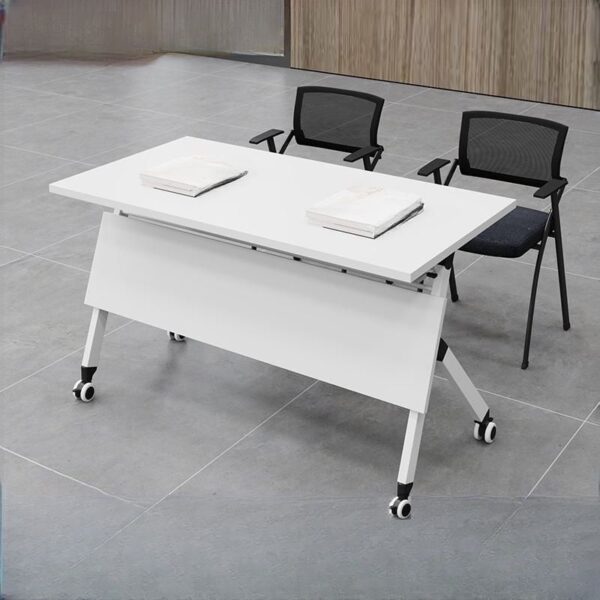 Compact Foldable Writing Table with Caster Wheels, sleek design, portable, and space-saving for home or office use.