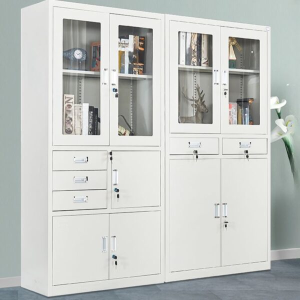 Half-Glass Metallic Office Storage Cabinet with adjustable shelves and sleek design.