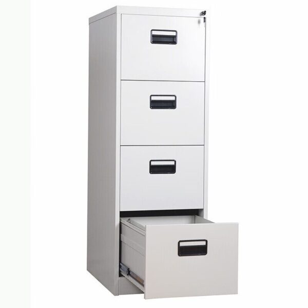 An Office Vertical 4-Drawer Steel Storage Cabinet, featuring a durable steel frame and spacious drawers, designed for efficient storage in professional workspaces.