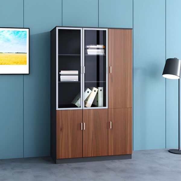 3-Door Wooden Storage Cabinet with adjustable shelves and sleek handles, ideal for organizing books, documents, or home essentials.