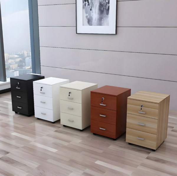 3-Drawer Pedestal Office Storage Cabinet with wood finish and lockable file drawer, placed beside an office desk.