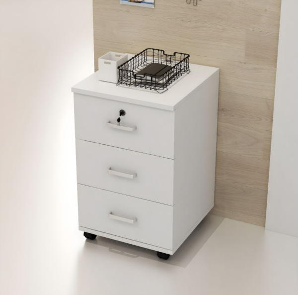 3-Drawer Pedestal Office Storage Cabinet with wood finish and lockable file drawer, placed beside an office desk.