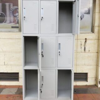 9-Locker Steel Storage Office Cabinet with individual lockable compartments in a modern office or workspace setting.