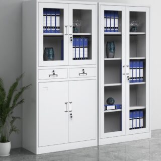 A 2-Door Modern Iron Storage Office Cabinet with adjustable shelves and a minimalist design, providing durable and stylish storage for office supplies.