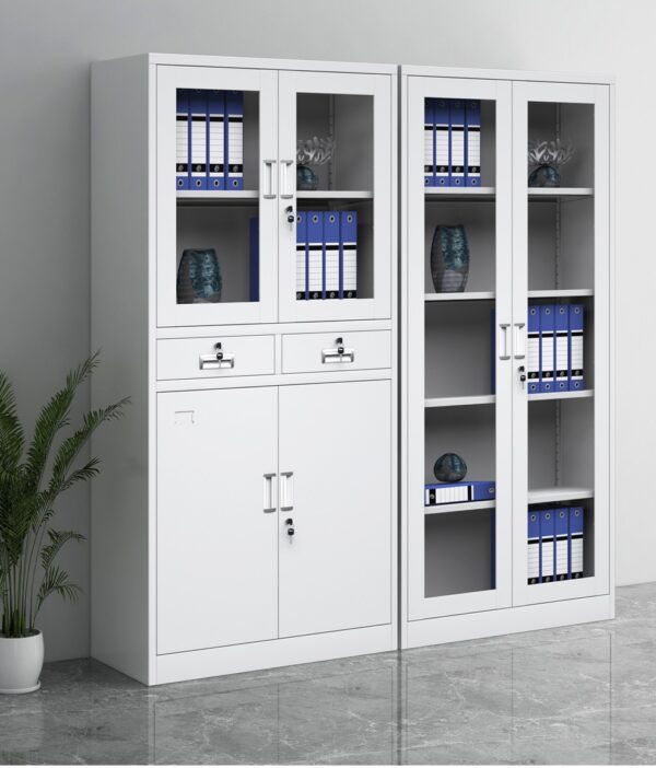 A 2-Door Modern Iron Storage Office Cabinet with adjustable shelves and a minimalist design, providing durable and stylish storage for office supplies.