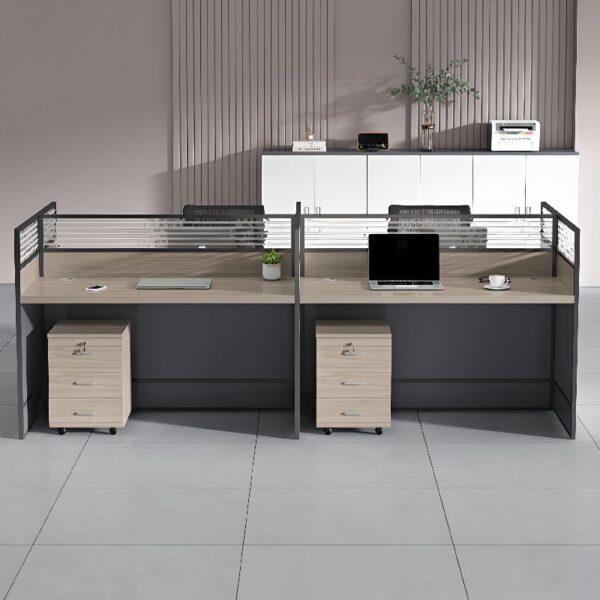 4-Way Modular Office Workstation with four individual workspaces, cable management, and ergonomic design for a flexible and organized office environment.