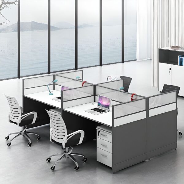 4-Way Modern Modular Office Workstation with interconnected desks, sleek design, and organized workspace.