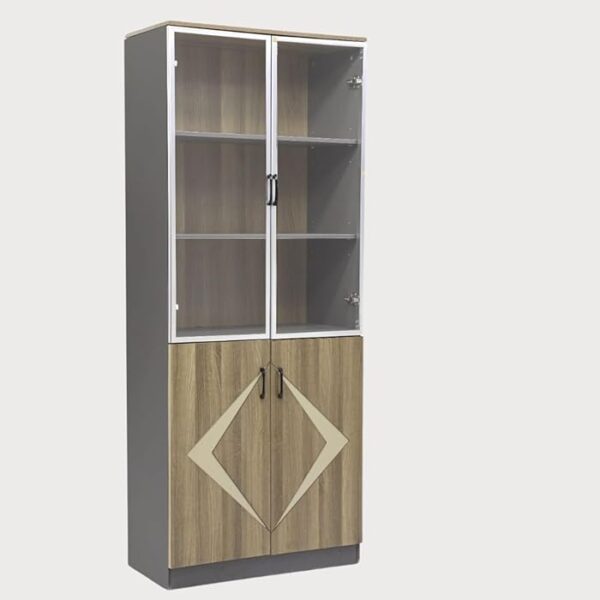 A 2-Door Glass Wooden Storage Office Cabinet featuring a wooden frame with glass doors, designed for stylish and organized storage in a professional office environment.