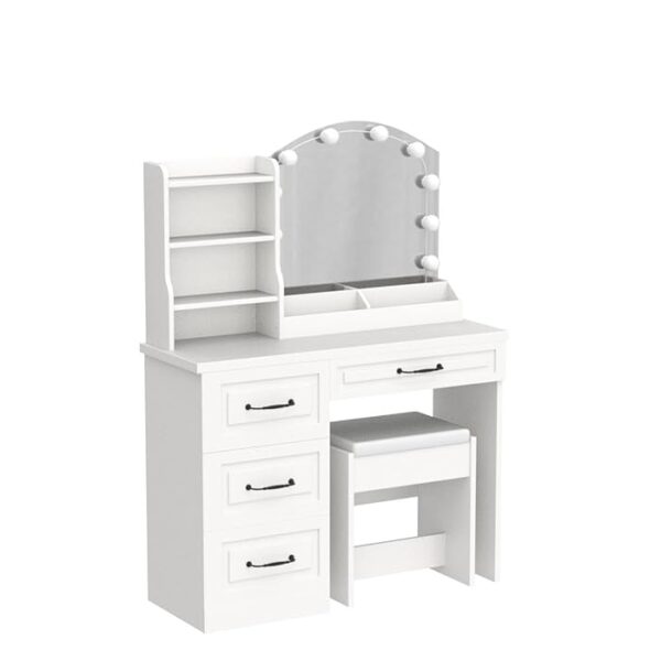 White Bedroom Vanity Set Makeup Table with mirror, drawers, and comfortable chair for organizing makeup and beauty essentials.