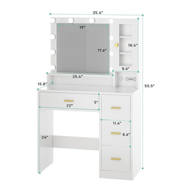 Makeup Vanity Dressing Table with Drawers featuring a spacious tabletop, built-in drawers, and a large mirror for organizing and applying makeup.