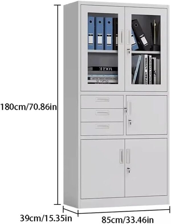 2-Door Metallic Office Cabinet with Safe, featuring adjustable shelves and a secure locking mechanism for valuables.