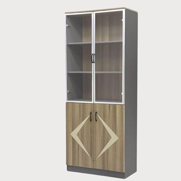 A 2-Door Glass Wooden Storage Office Cabinet featuring a wooden frame with glass doors, designed for stylish and organized storage in a professional office environment.