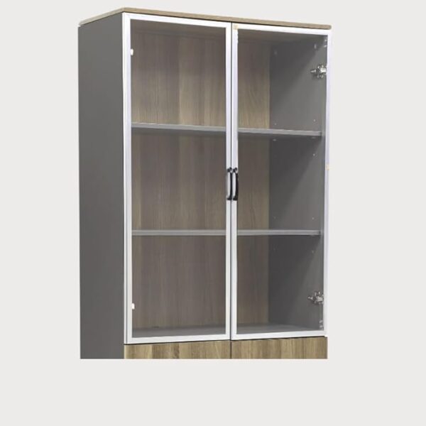 A 2-Door Glass Wooden Storage Office Cabinet featuring a wooden frame with glass doors, designed for stylish and organized storage in a professional office environment.