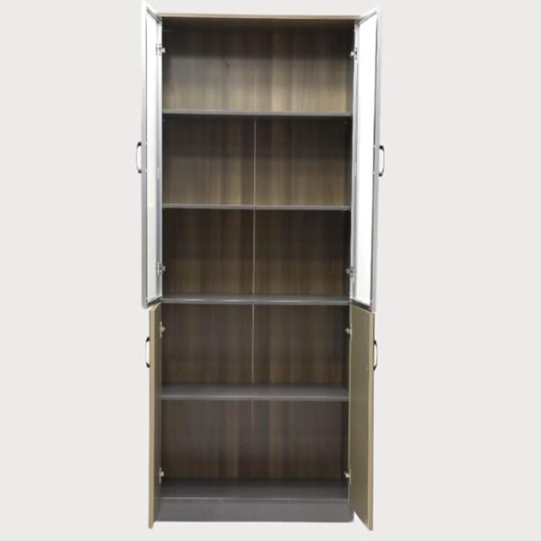 A 2-Door Glass Wooden Storage Office Cabinet featuring a wooden frame with glass doors, designed for stylish and organized storage in a professional office environment.