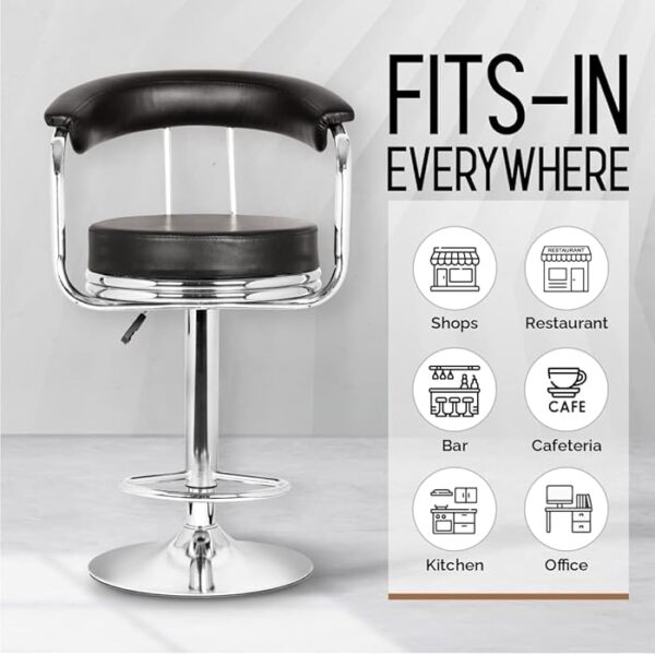 Adjustable Leather Barstool with backrest, padded arms, and chrome base, offering comfort and style for any space.