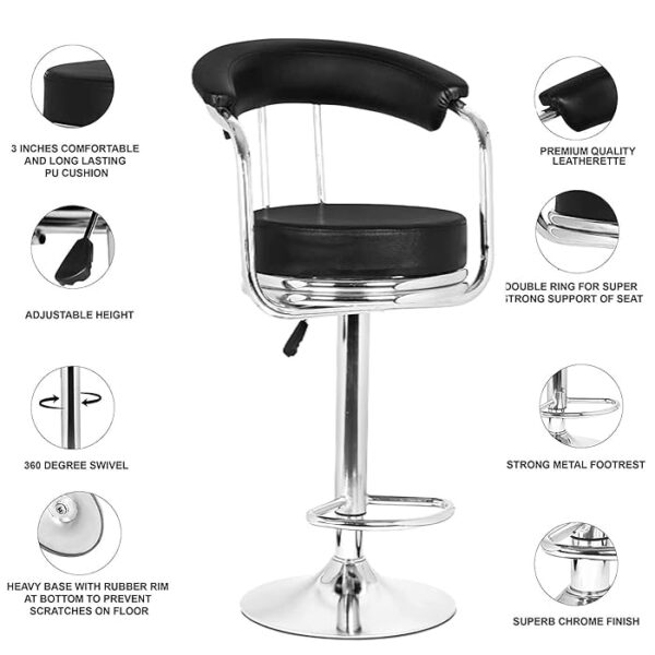 Adjustable Leather Barstool with backrest, padded arms, and chrome base, offering comfort and style for any space.