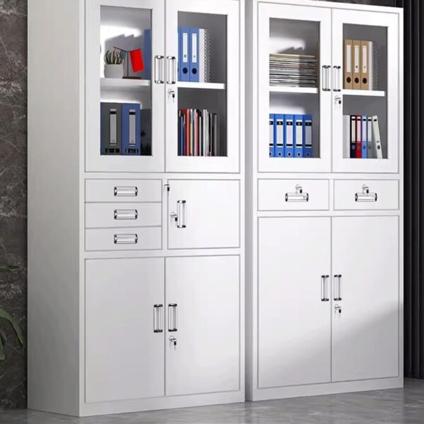 2-Door Metallic Office Cabinet with Safe, featuring adjustable shelves and a secure locking mechanism for valuables.