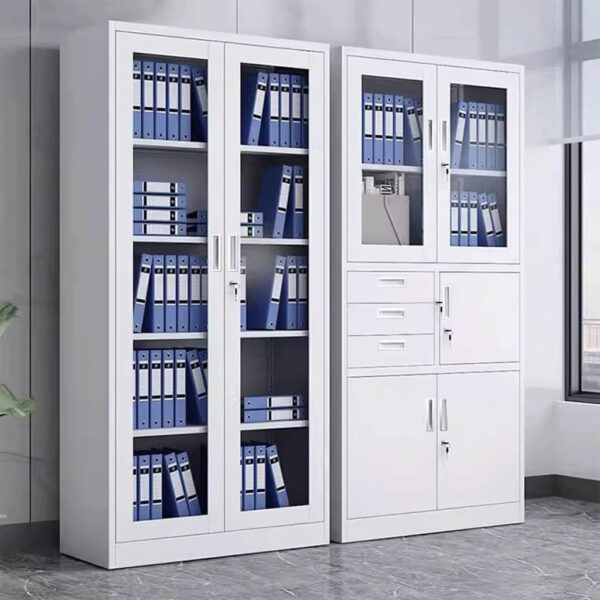 2-Door Metallic Office Cabinet with Safe, featuring adjustable shelves and a secure locking mechanism for valuables.