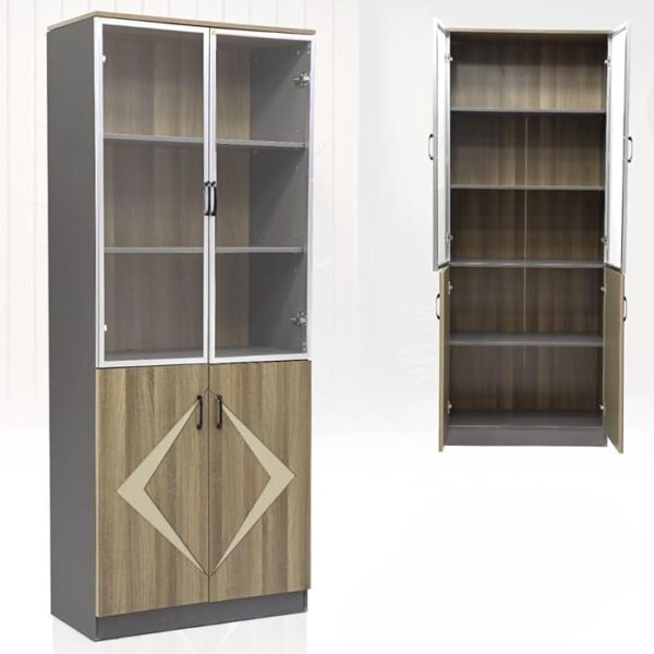 A 2-Door Glass Wooden Storage Office Cabinet featuring a wooden frame with glass doors, designed for stylish and organized storage in a professional office environment.