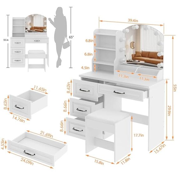 White Bedroom Vanity Set Makeup Table with mirror, drawers, and comfortable chair for organizing makeup and beauty essentials.