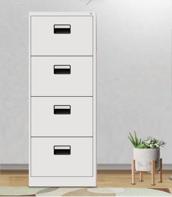 An Office Vertical 4-Drawer Steel Storage Cabinet, featuring a durable steel frame and spacious drawers, designed for efficient storage in professional workspaces.