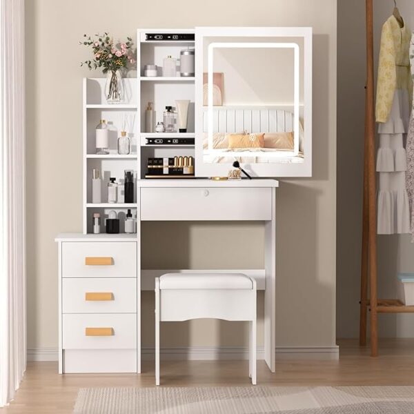 Cosmetic Bedroom Table with Mirror and Stool featuring ample storage space and an elegant, modern design perfect for any bedroom.