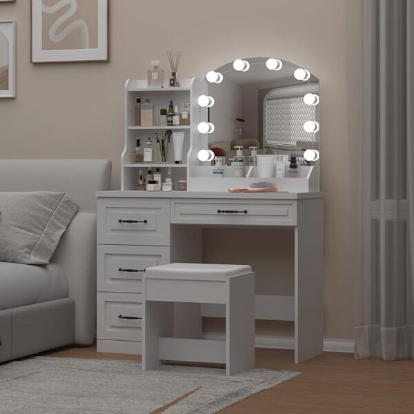 White Bedroom Vanity Set Makeup Table with mirror, drawers, and comfortable chair for organizing makeup and beauty essentials.