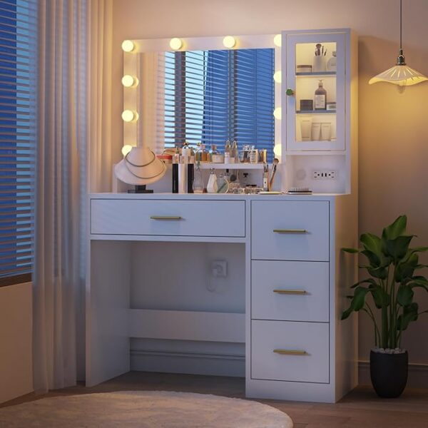 Makeup Vanity Dressing Table with Drawers featuring a spacious tabletop, built-in drawers, and a large mirror for organizing and applying makeup.