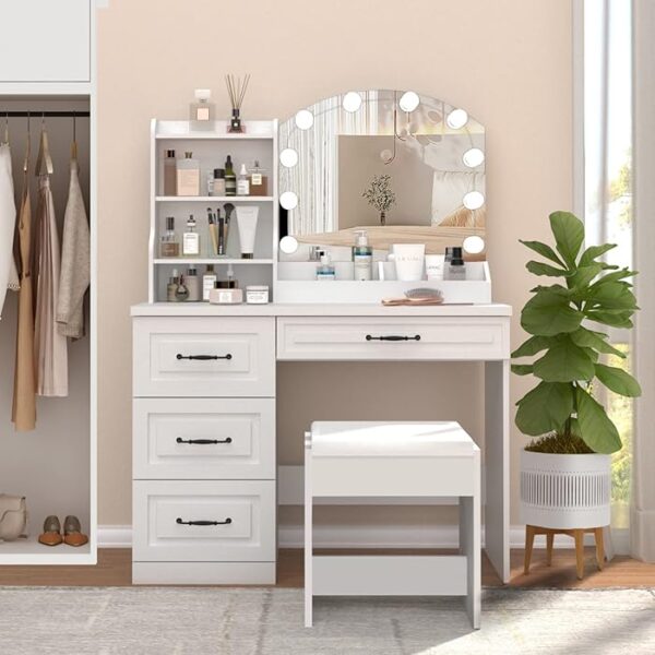 White Bedroom Vanity Set Makeup Table with mirror, drawers, and comfortable chair for organizing makeup and beauty essentials.