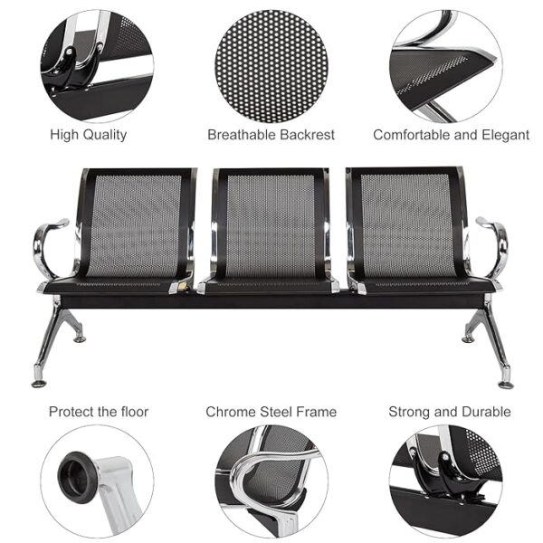 3-Seater Office Guest Reception Waiting Bench with three cushioned seats and a modern, minimalist design.