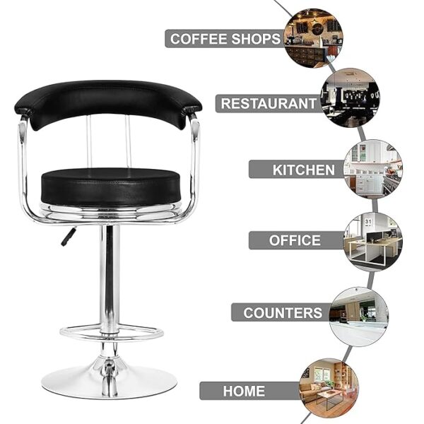 Adjustable Leather Barstool with backrest, padded arms, and chrome base, offering comfort and style for any space.