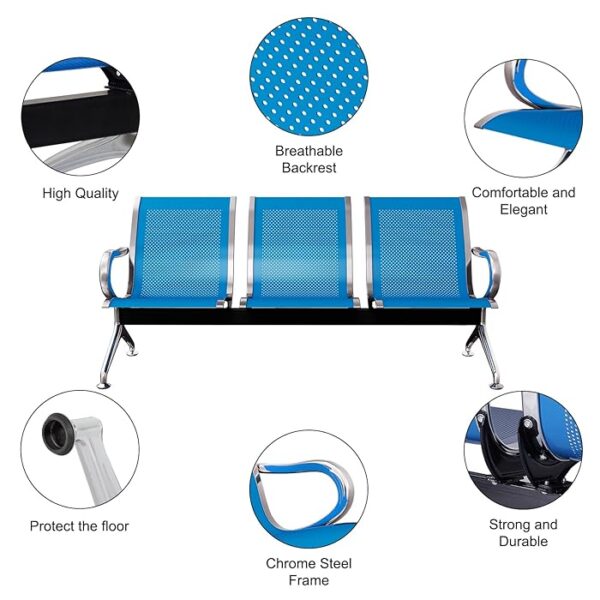 3-Seater Steel Hospital Reception Guest Bench with cushioned seats and durable steel frame, designed for waiting areas and medical offices.