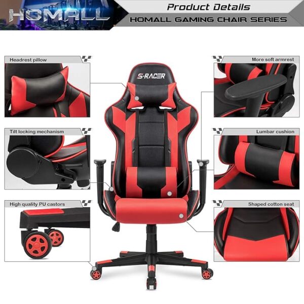 Ergonomic Leather Gaming Office Chair with adjustable height, lumbar support, and padded armrests.