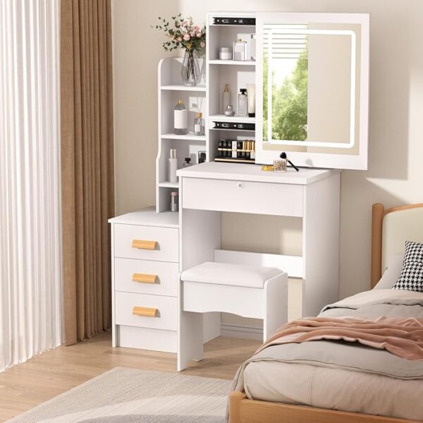 Cosmetic Bedroom Table with Mirror and Stool featuring ample storage space and an elegant, modern design perfect for any bedroom.