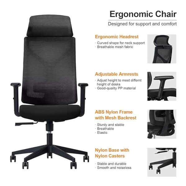 Ergonomic Modern Desk Chair with adjustable headrest, mesh back, and padded seat for comfort and support during long work hours.