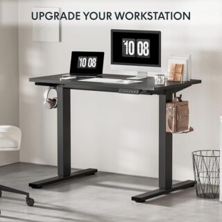 Adjustable Height Electric Standing Office Desk with a sleek design, electric motor, and spacious work surface in a modern office setting.