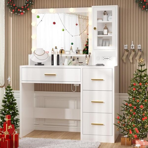 Makeup Vanity Dressing Table with Drawers featuring a spacious tabletop, built-in drawers, and a large mirror for organizing and applying makeup.