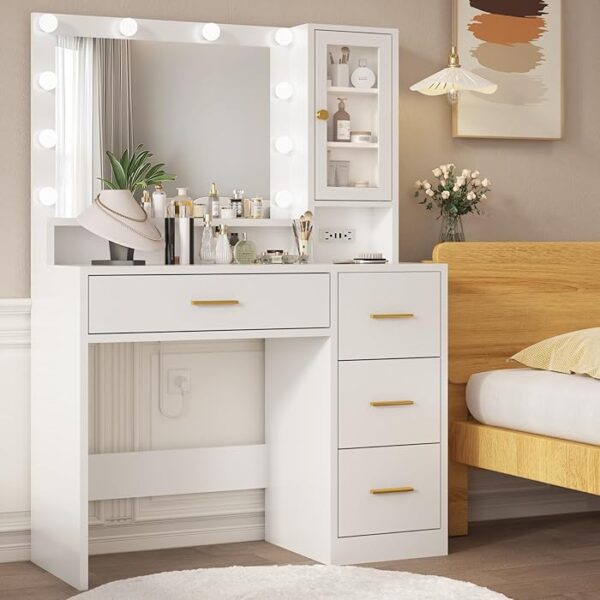 Makeup Vanity Dressing Table with Drawers featuring a spacious tabletop, built-in drawers, and a large mirror for organizing and applying makeup.